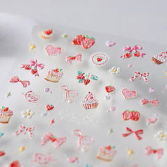 JMEOWIO 3D Nagelsticker Rosa Nail Art Sticker Selbstklebend Nagelaufkleber 5D Stereoskopisch Kuchen Erdbeerschleife Dekoration Nageldesign Zubehör 1 Blatt