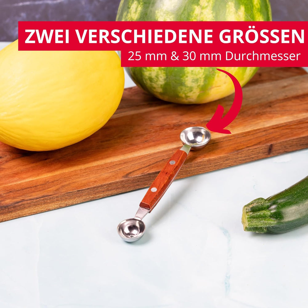 Westmark Woody Baller double face – Petite cuillère pour melon, kiwi, autres fruits et légumes ainsi que crème glacée, fromage à la crème ou beurre – Acier inoxydable, bois