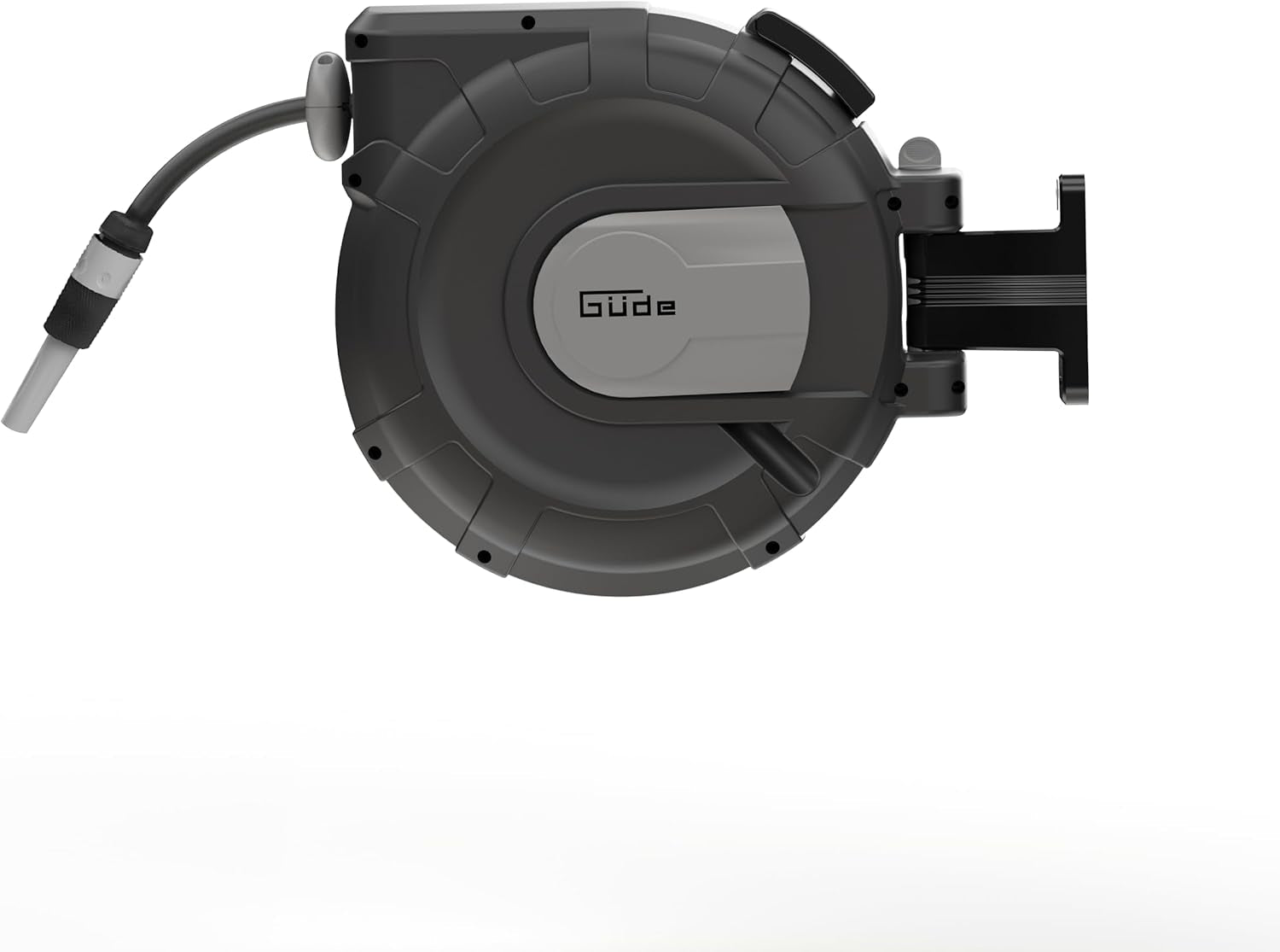 Enrouleur de tuyau automatique Güde 30-2-2 1/2 (rotation à 180°, pour montage mural, tuyau de 30 m, jet d'eau, support mural, retrait automatique, butée de retrait, poignée de transport, 2 raccords rapides)