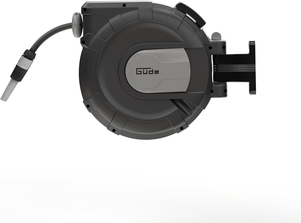 Enrouleur de tuyau automatique Güde 20-2-2 1/2 (pour montage mural, rotation à 180°, tuyau de 20 m, jet d'eau, support mural, enroulement automatique, butée d'enroulement, poignée de transport, 2 raccords rapides)