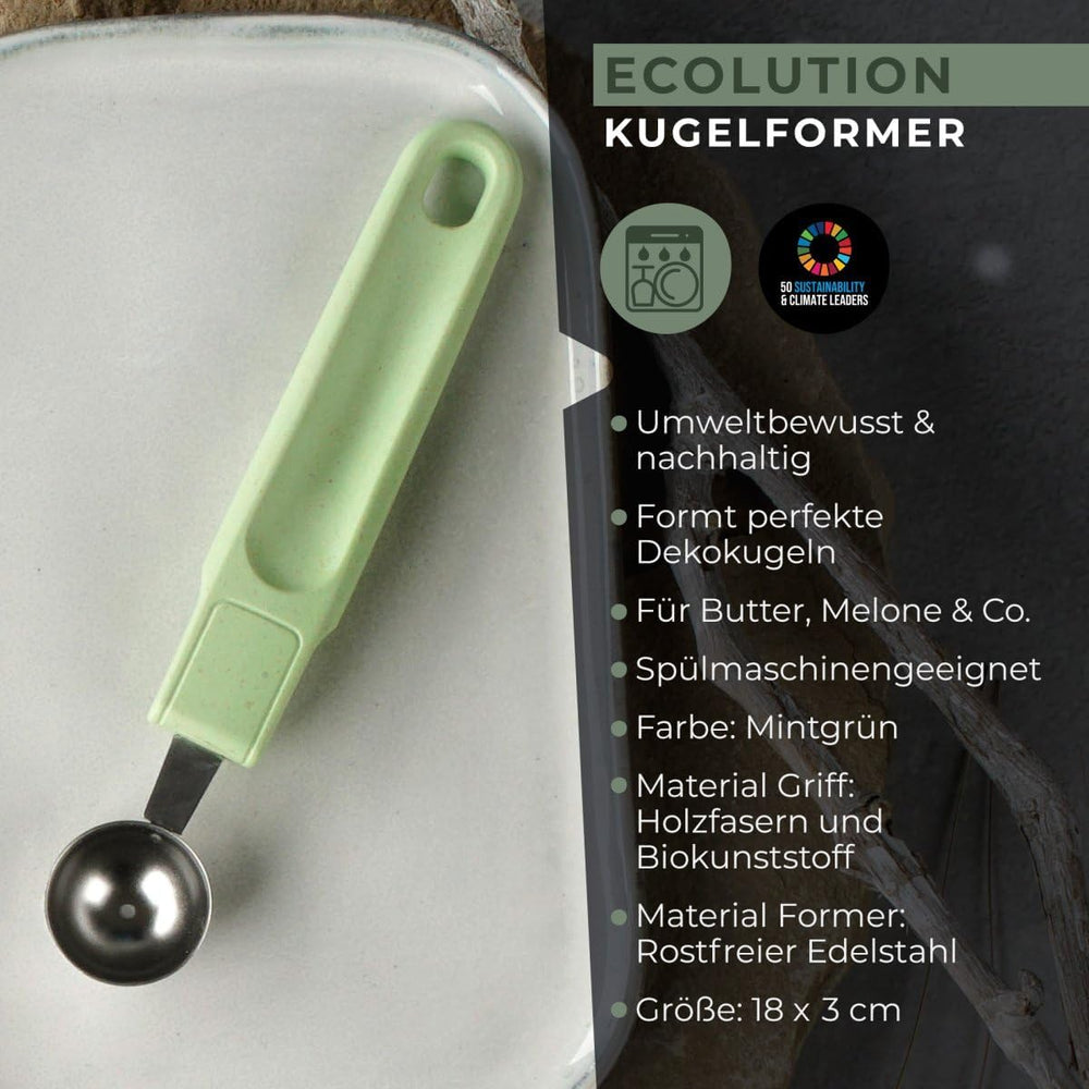 Fackelmann Ecolution Baller - Balle à fruits et à beurre en fibres de bois, bioplastique et acier inoxydable - Cuillère Paris 18 x 3 cm, vert menthe