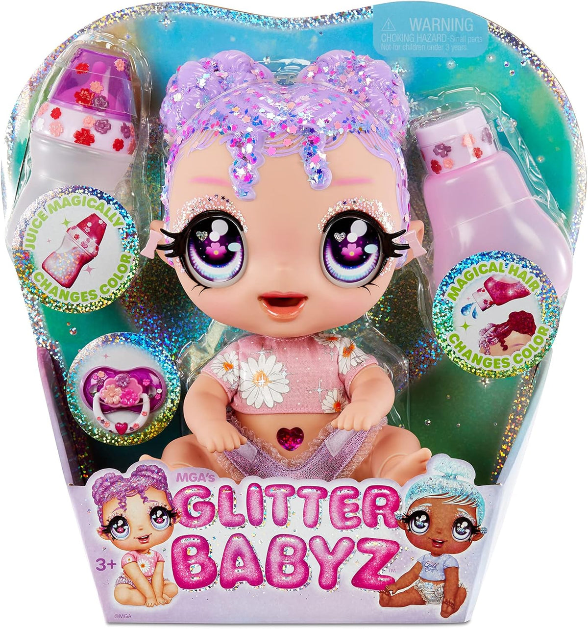 MGA Glitter Babyz - LILA WILDBLOOM - Poupée bébé avec 3 changements de couleurs magiques dans l'eau glacée - avec cheveux lilas pailletés, tenue de fleurs sauvages, couche, biberon et tétine - pour les enfants à partir de 3 ans
