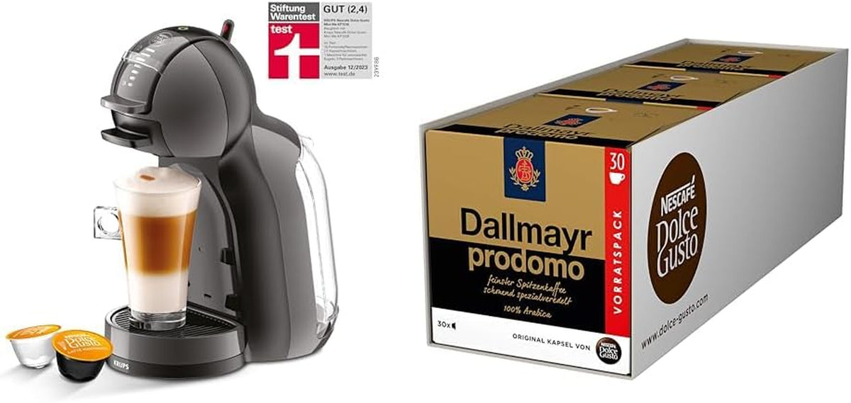 NESCAFÉ DOLCE GUSTO Krups KP1238 Mini Me Machine à capsules de café, 15 bars, compacte, machine à café haute pression, plus de 30 créations de café, taille de boisson au choix, noir/anthracite avec Dallmayr Prodomo