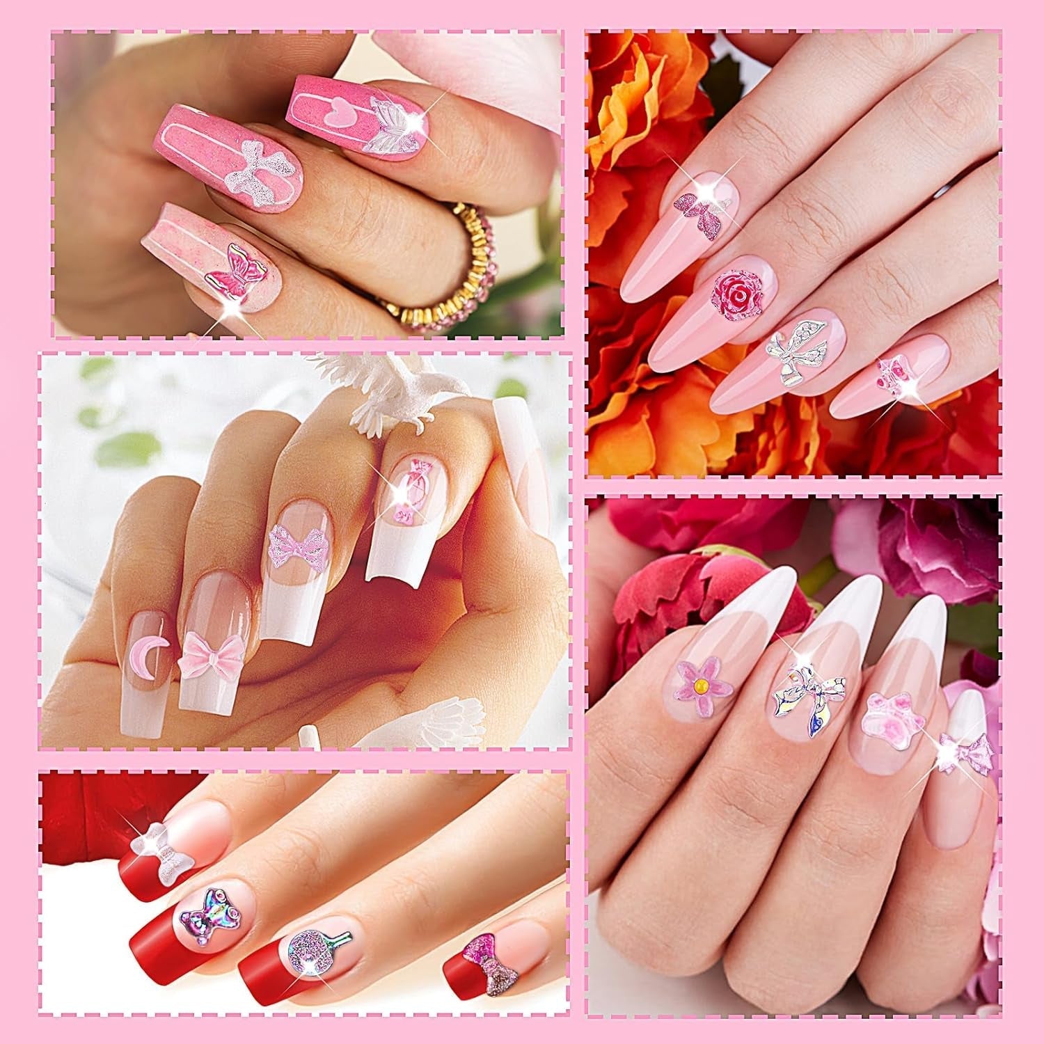 200 piese Nail Art Charms 3D Nail Art Decoration Set Arc Nail Pendant Roz Stil Mixt Arc Floare Ursuleț Acadea În formă de Inimă Nail Art Decorare DIY Craft Nail Design