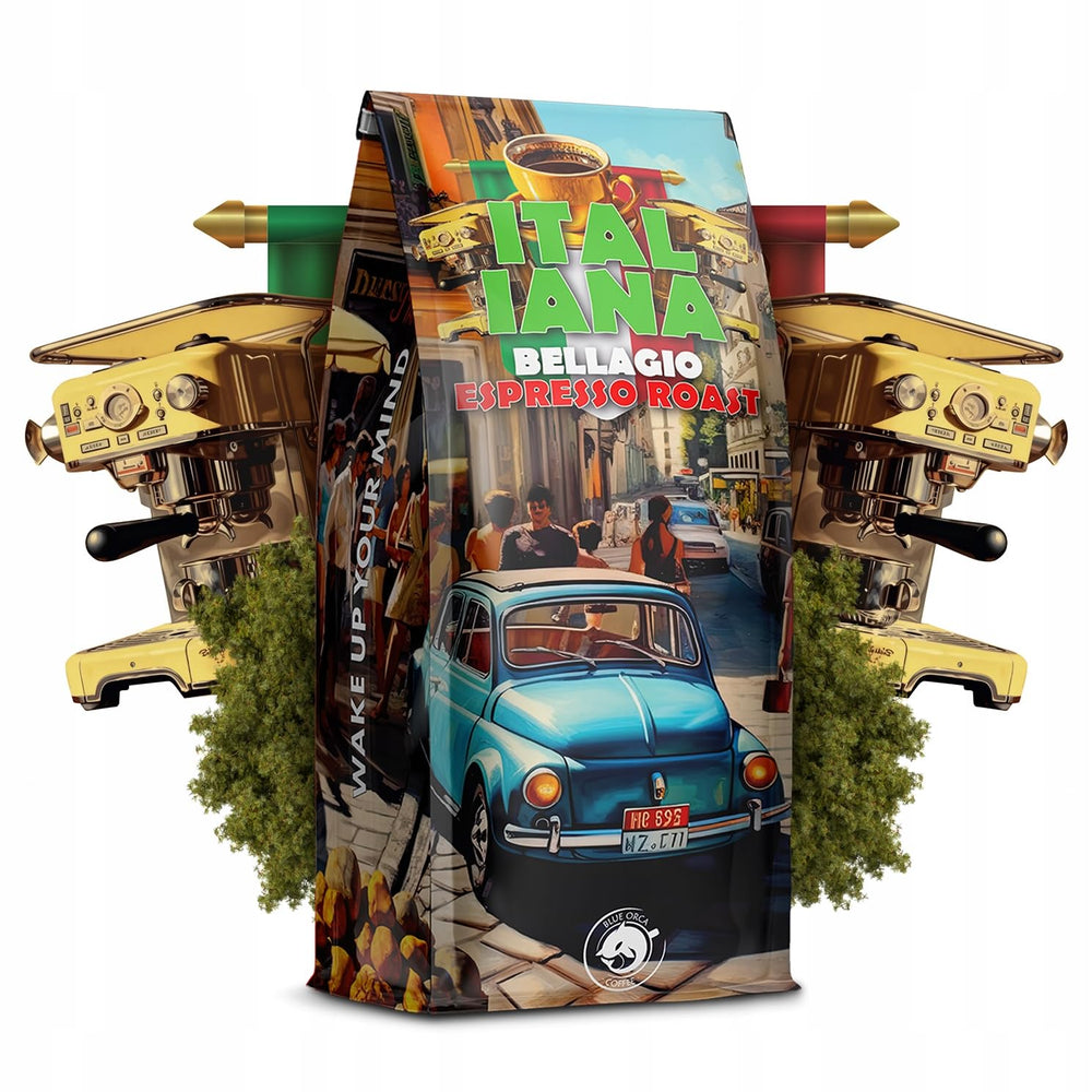 Café en grains torréfiés Italiana Bellagio 1kg | 80% Arabica et 20% Robusta | avec des notes de noix et de chocolat noir | fraîchement torréfié, faible acidité | pour machines à café | Café Orque Bleu