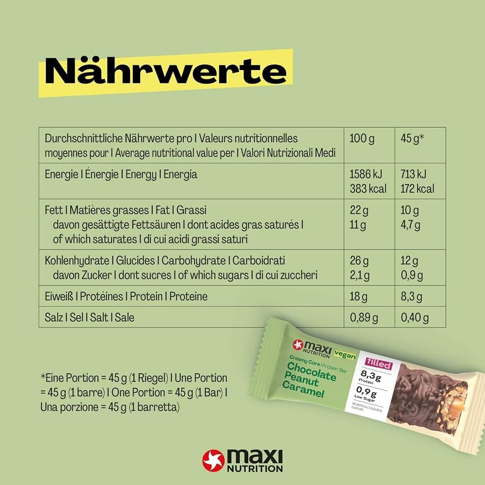 MaxiNutrition Barre protéinée végétalienne crémeuse au chocolat, cacahuètes et caramel 12x45g - barre protéinée végétalienne, 18% de protéines, 8,3 g par barre, faible teneur en sucre (0,9 g), sans sucre ajouté, sans arômes artificiels
