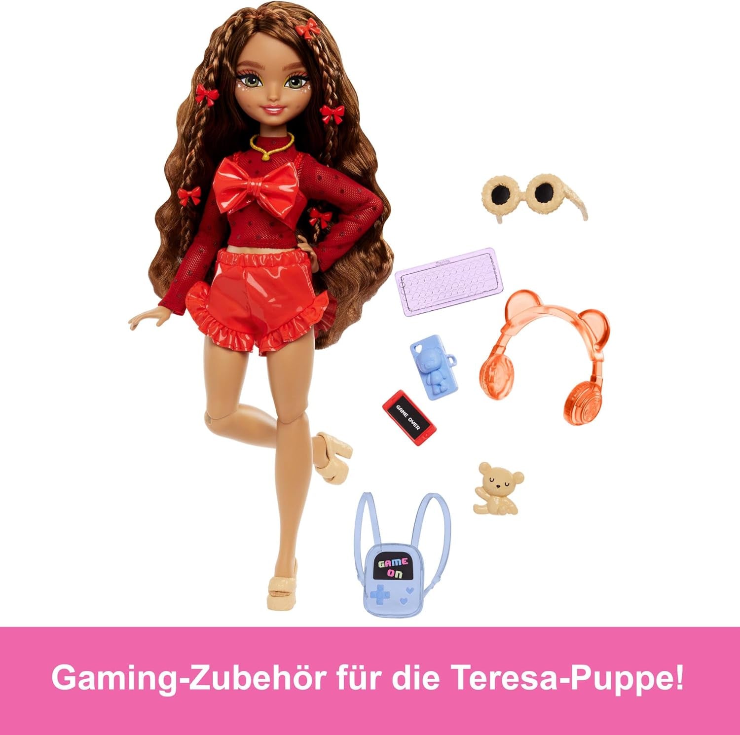 Poupée Barbie Dream Besties et accessoires, poupée mannequin Teresa mobile avec cheveux bruns et pinces à cheveux, 10 pièces sur le thème du jeu vidéo, HYC23 Naty Shop Dolls