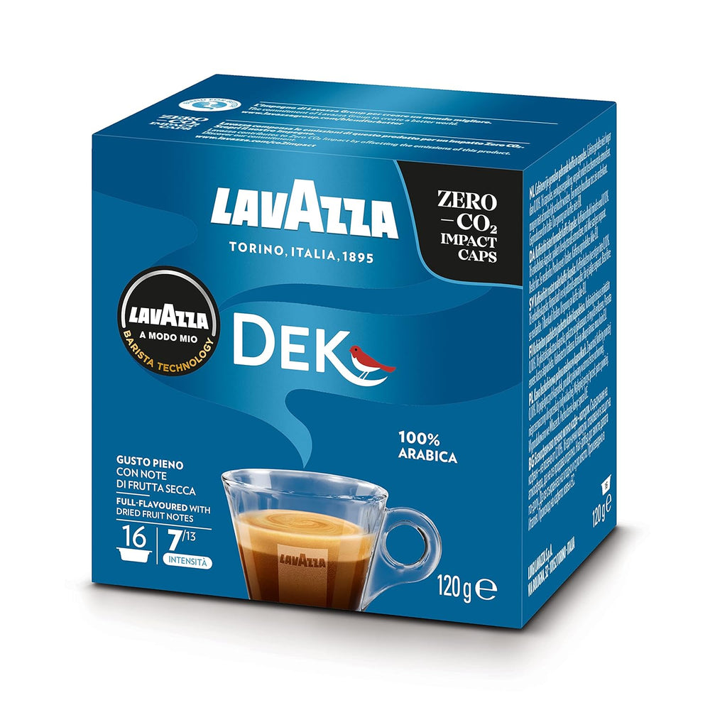 Lavazza A Modo Mio Dek Cremoso, 256 capsules de café, pour expresso décaféiné aux notes aromatiques d'amandes et de canditis, 100% Arabica, intensité 7/13, torréfaction moyenne, 16 paquets