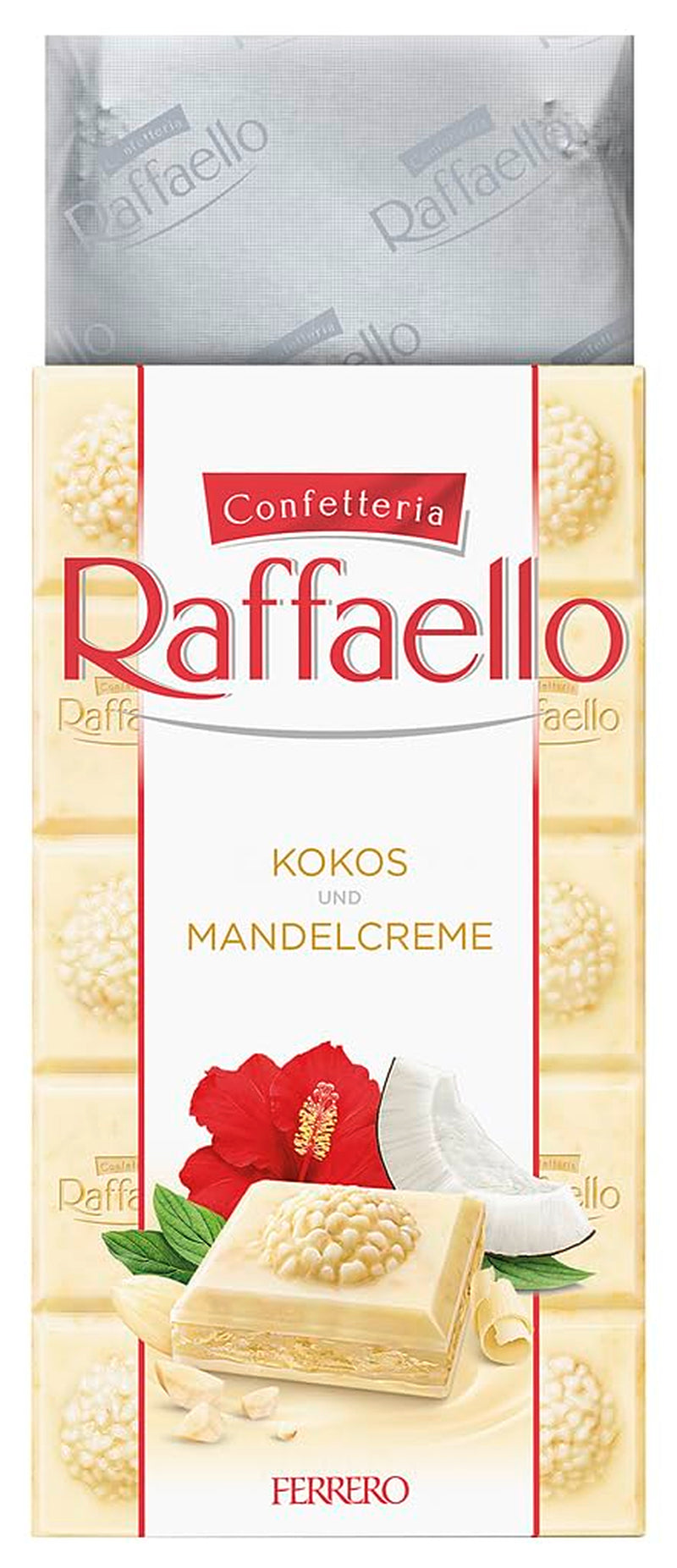 Barre de chocolat Ferrero Raffaello - Cadeau de Saint-Valentin pour elle et lui - Chocolat blanc à la crème de noix de coco et aux amandes - 1 barre de chocolat x 90 g