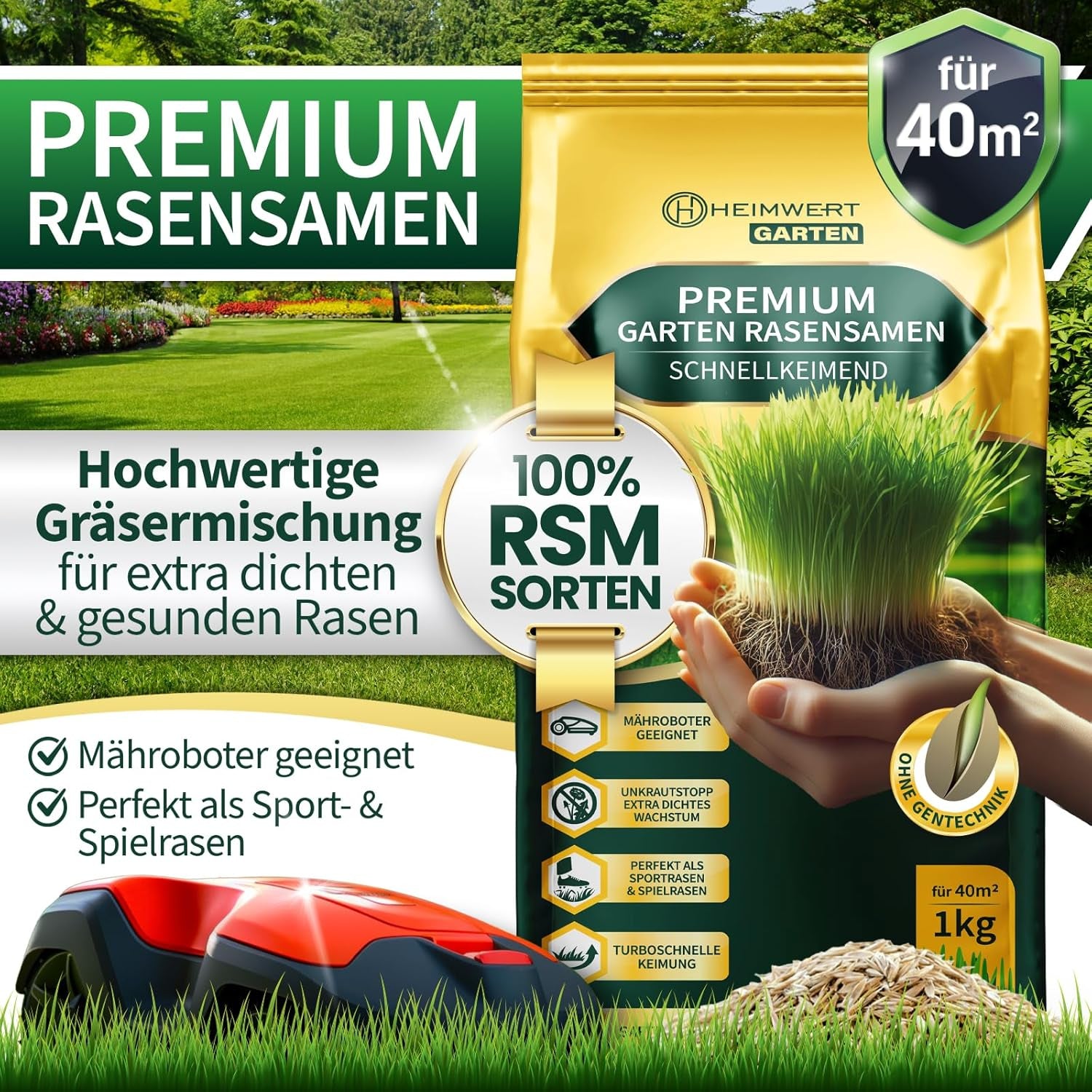 Rasensamen Schnellkeimend Sommer Und Herbst All Saison - Grassamen - Rasensamen Sport Und Spiel Aus Hochwertigster Gräser Mischung Empfohlener RSM Sorten - 1Kg Für 40M2 Made in Germany (1Kg)