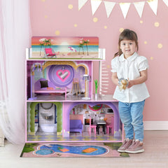Olivia's Little World Big Dreamland Sunset Contemporary, Casă de păpuși interactivă din lemn pentru copii, 3 etaje, cu 16 accesorii pentru mobilier de păpuși, multicoloră, TD-13616A