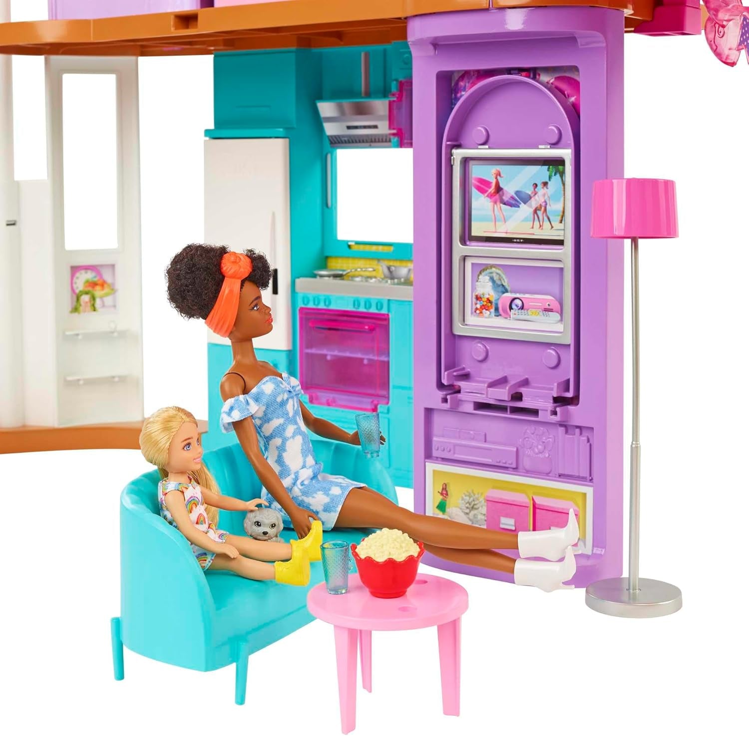 Maison de vacances Barbie (116 x 77,9 cm), maisonnette 6 places, entièrement meublée avec accessoires, meubles et ascenseur, pliable et rangement, poupée, cadeau pour enfants à partir de 3 ans, HCD50
