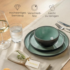 Twinzee Service de table en grès 24 pièces pour 6 personnes – Ensemble bol et assiette – Grès allant au micro-ondes – Collection Riviera