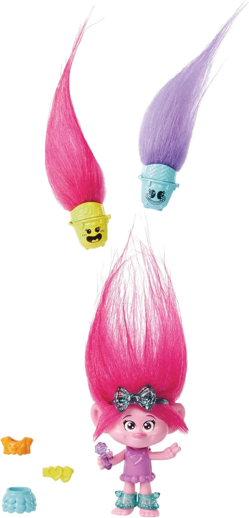 Mattel DREAMWORKS TROLLS Gemeinsam Stark – Haarige Überraschungen Poppy Königin Poppy, Viva, Branch et Guy Diamond Plüschhaar, 2 Haarige Überraschungen, Zubehör, für Kinder ab 3 Jahren, HNF10