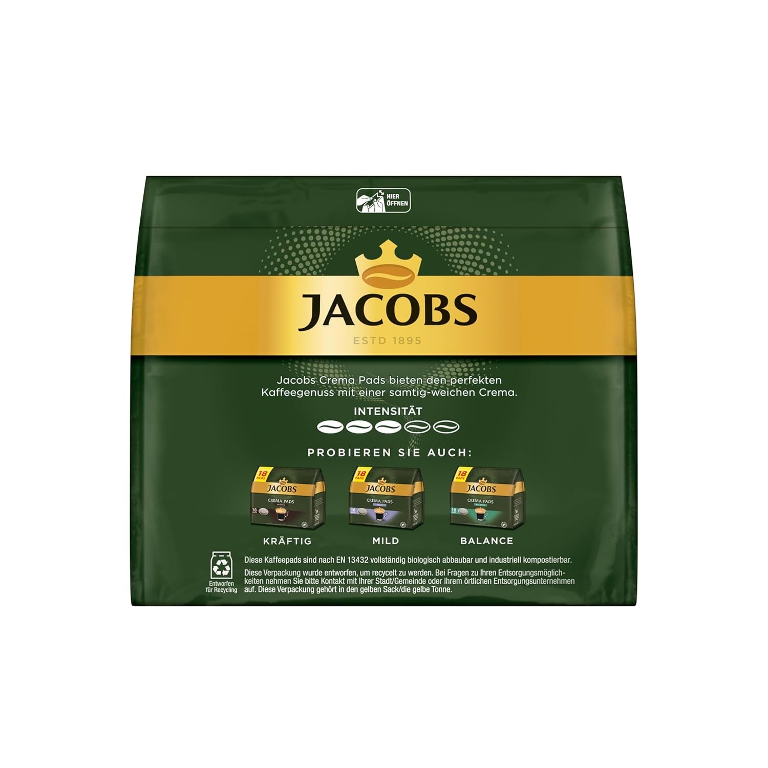 Jacobs Pads Cream, tampons compatibles Senseo, 5 x 18 Getränke, 90 Kaffeepads