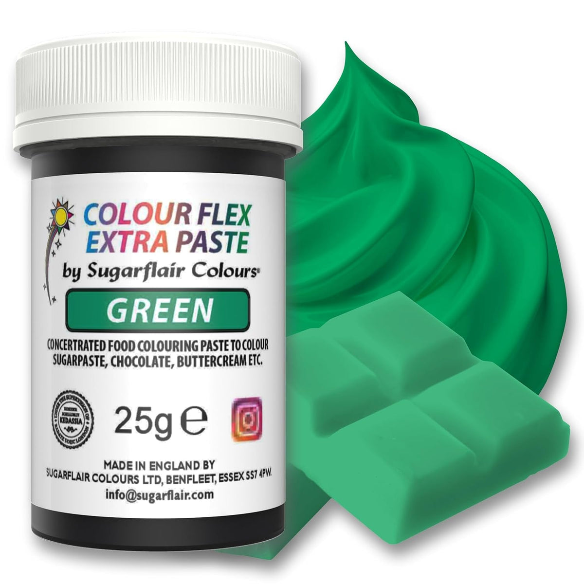 Colorant alimentaire Sugarflair Colourflex Extra Paste Verde - Colorant alimentaire comestible pour crème au beurre, chocolat, pâte à sucre, glaçage, fondant, mélanges à gâteaux, pâte et plus - 25g