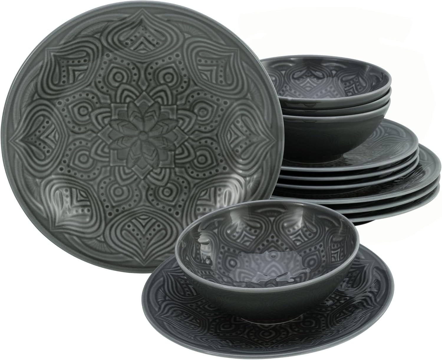 Creatable, 21627, Serie Orient Mandala, 18-Teiliges Geschirrset, Teller Set Aus Porzellan, Spülmaschinen- Und Mikrowellengeeignet, Made in Europe Seturi vesela masa Naty Shop Stein Teller Set 12 Teilig