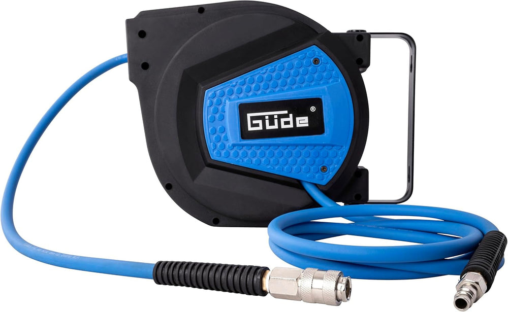 Enrouleur de tuyau automatique Güde 10 m (pression de service 12 bar, rotation 180°, tuyau d'air comprimé extrêmement flexible, résistant à l'huile et à la température, filetage de raccordement 1/4", support mural)