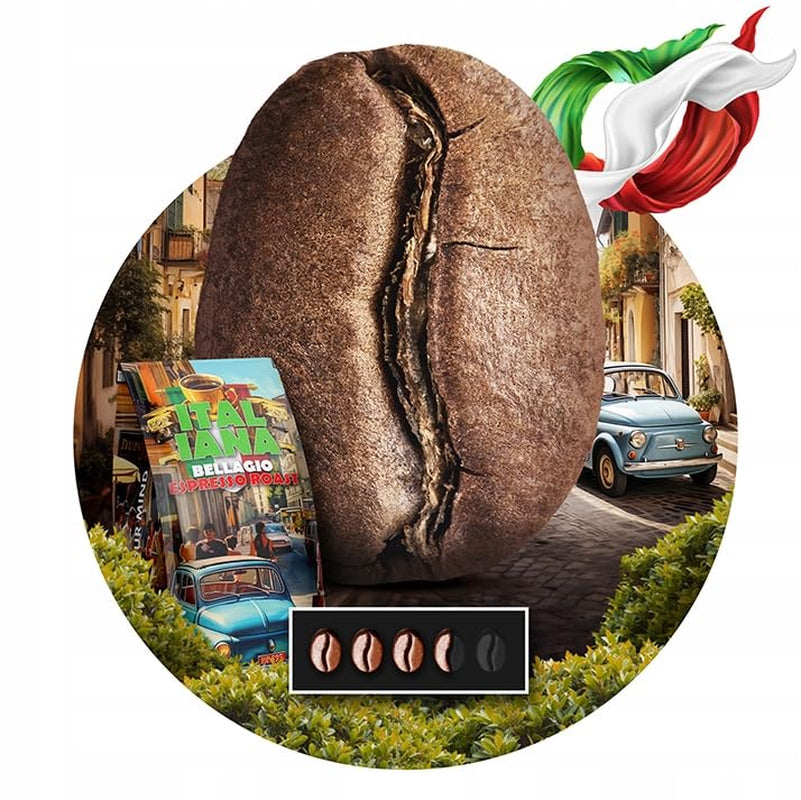 Café en grains torréfiés Italiana Bellagio 1kg | 80% Arabica et 20% Robusta | avec des notes de noix et de chocolat noir | fraîchement torréfié, faible acidité | pour machines à café | Café Orque Bleu