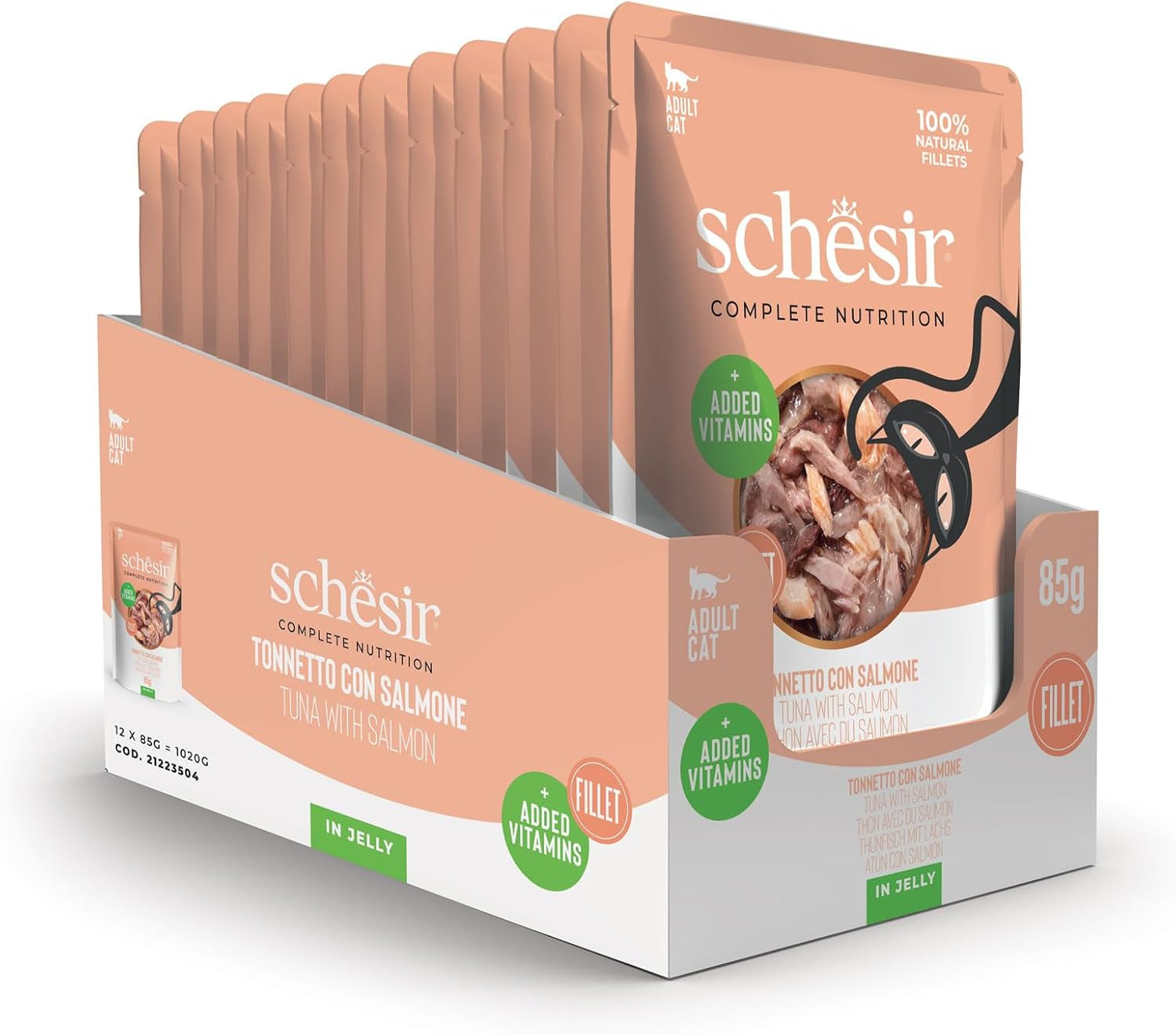 , Tunfisch mit Lachs in Gelee, complet Nassfutter für Katzen, im Beutel, 100% naturel Inhaltsstoffe, tierversuchfrei, 12 x 85 g