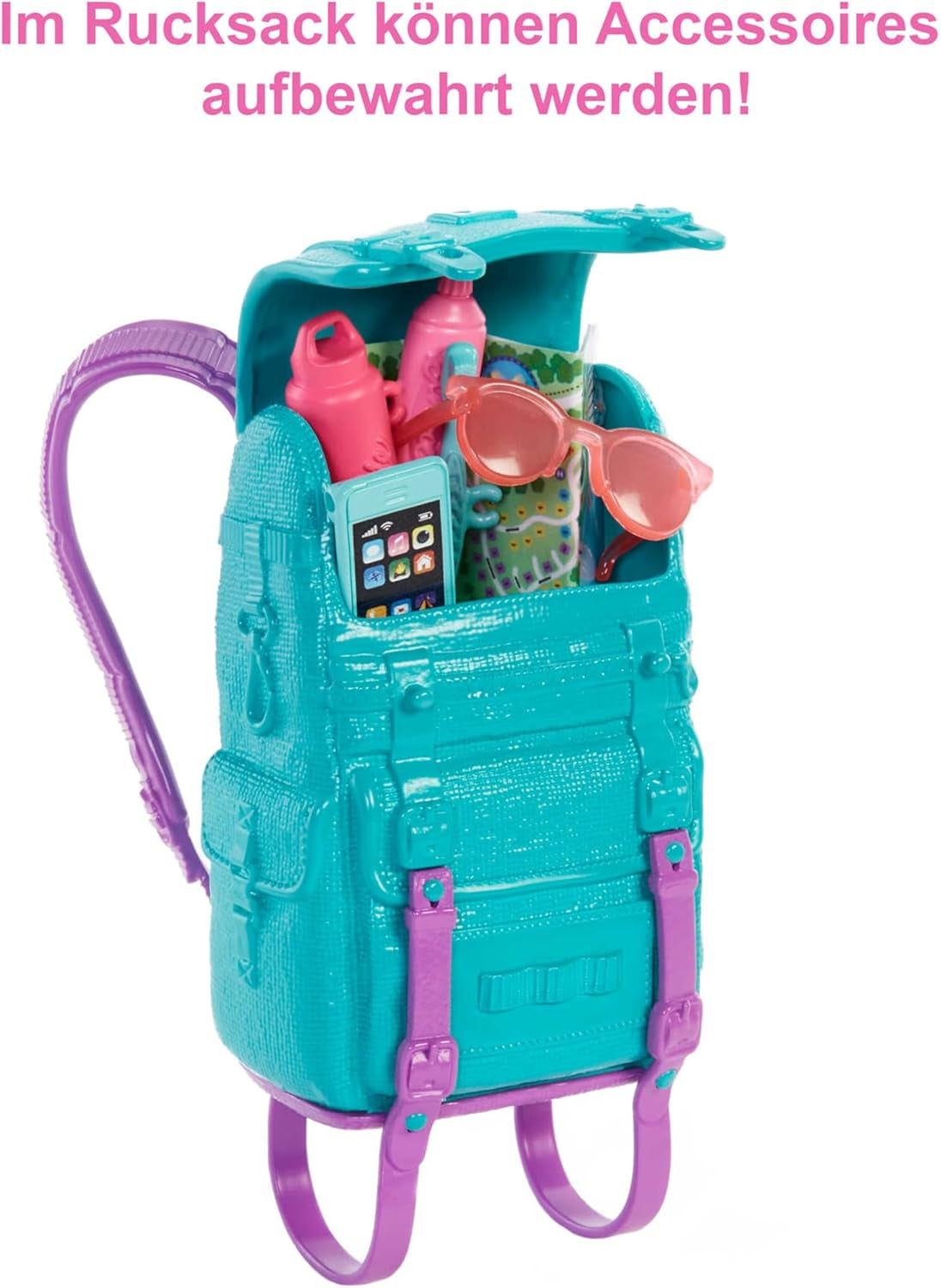 Barbie Camping Serie, 1x Puppe mit blonden Haaren, Wanderrucksack, Outdoor-Ausrüstung, Fernglas, Landkarte, Welpe, Zubehör, Geschenk für Kinder, Spielzeug ab 3 Jahre,HDF73