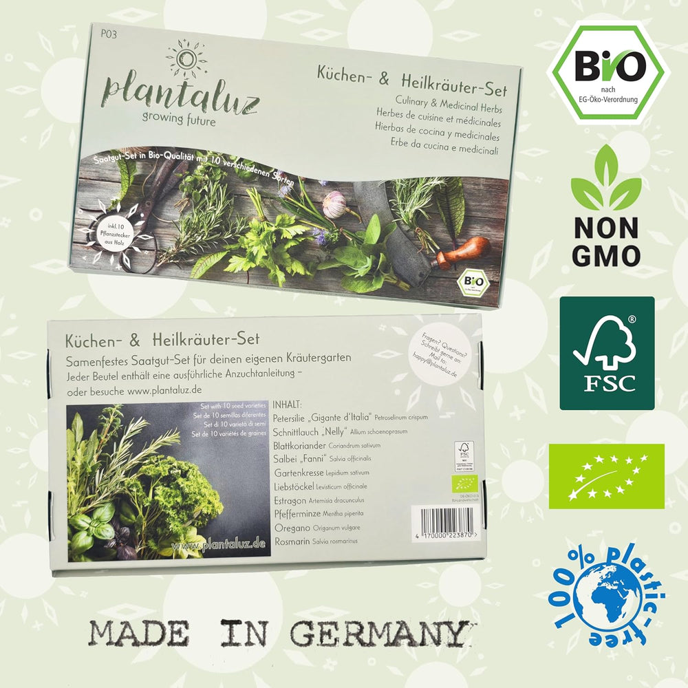 Plantaluz Premium Bio Seed Set P03 – Set de graines de plantes culinaires et médicinales pour jardin, balcon et intérieur – incl. Bâtonnets de plantation FSC – Graines biologiques pollinisées, non traitées et sans OGM