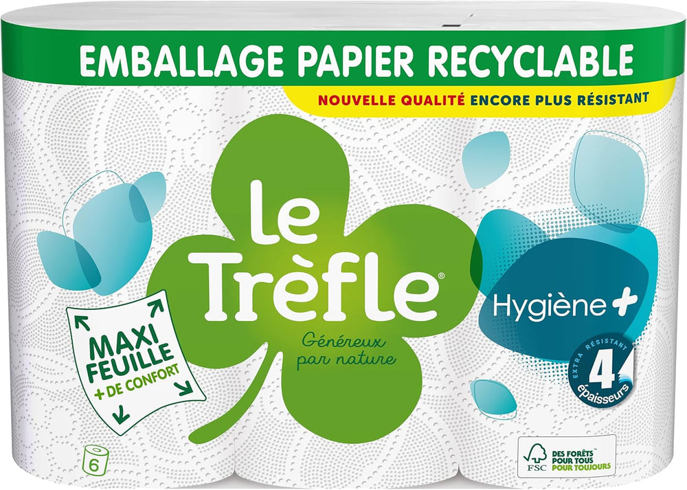 Le Trèfle Papier Hygiène + Toilette, 6 rouleaux, 4 forces (paquet de 2)