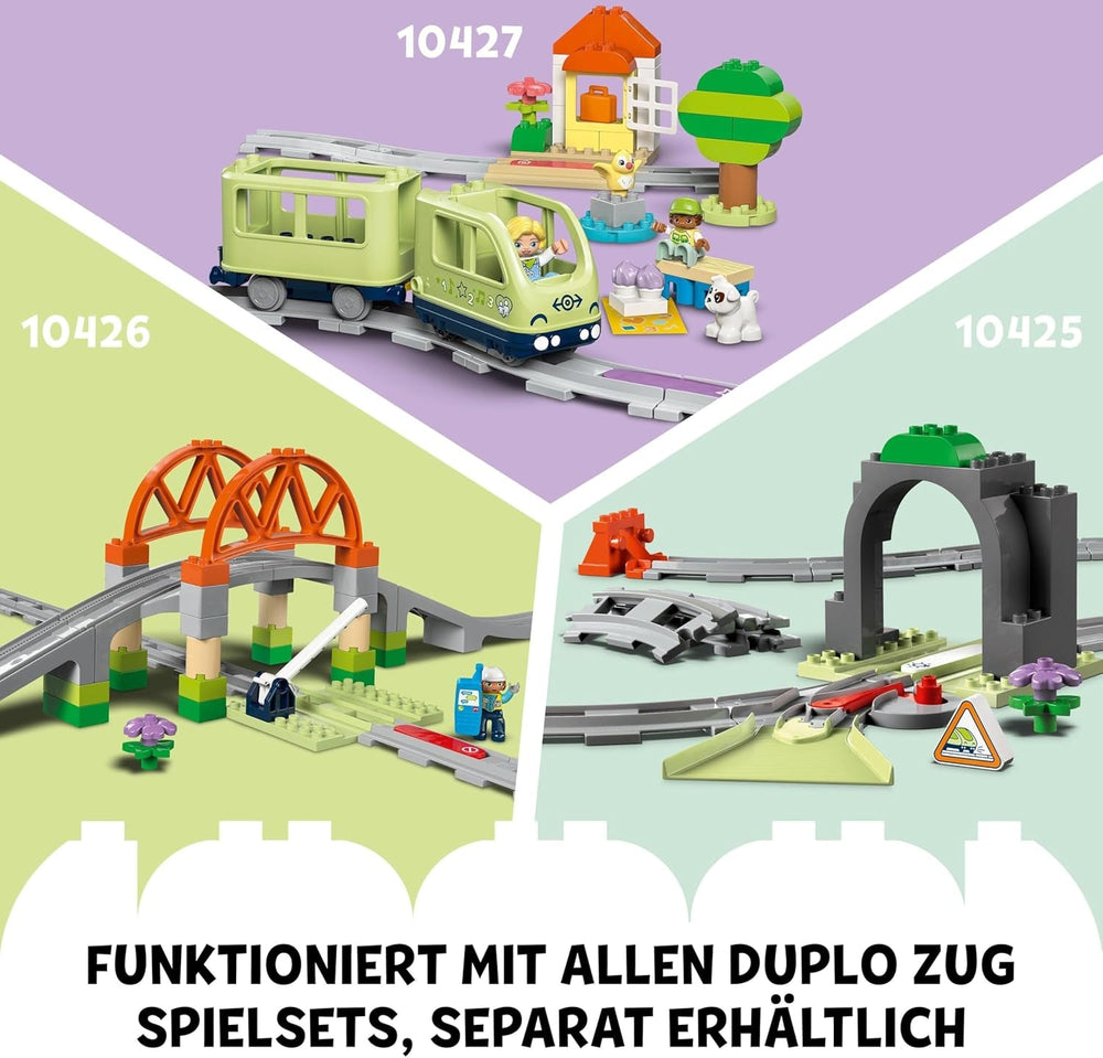 LEGO DUPLO Interaktive Abenteuer-Eisenbahn - Lernspielzeug für Kleinkinder ab 2 Jahren – 14 Gleisstücke, Aktionssteine mit Geräuschen und 4 Spielfiguren – Geschenkidee für Jungen & Mädchen - 10427