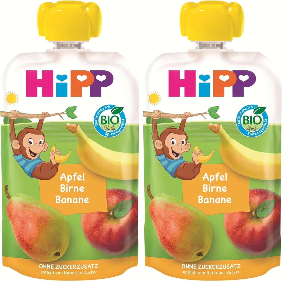 HiPP sachets de fruits bio, à presser, pomme, poire, banane - Anton Maimuta (8 x 100g), à partir de 1 an, 100% purée de fruits, sans sucre ajouté, vegan, meilleure qualité bio (pack de 2)