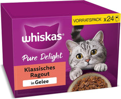 WHISKAS PURE DELIGHT Aliment humide en gelée 24 x 85g Ragoût Classique (4 paquets) 48 sachets portionnés