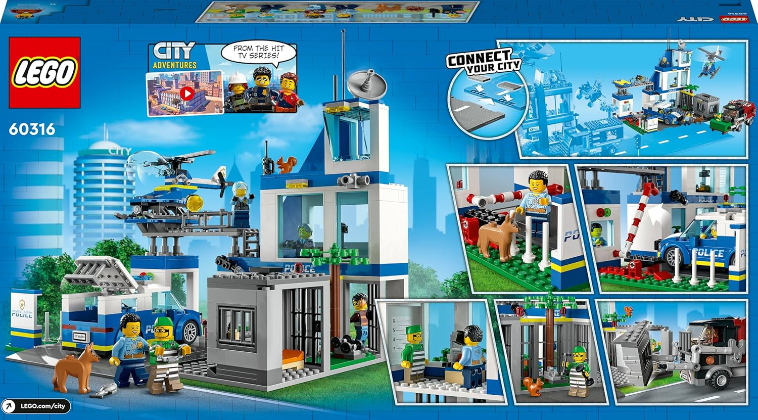 LEGO 60316 Le commissariat de police de la ville avec une voiture de police, une voiture et un hélicoptère, construit dans un bain avec 3 figurines, jeu de police pour garçons et filles à partir de 6 ans, jeu pour enfants
