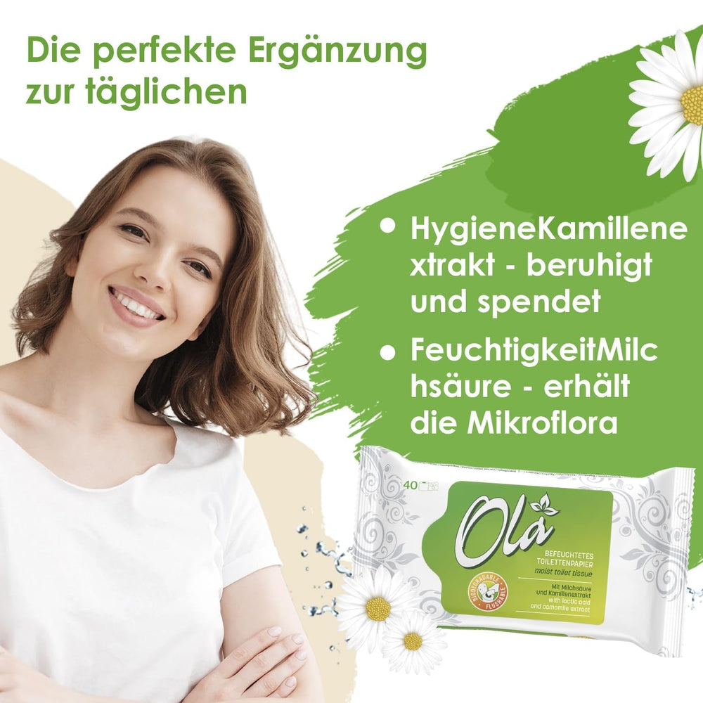 Papier toilette humide OLA - (1X40 pièces) Lingettes humides - extrait de camomille et acide lactique, lavables, peaux sensibles - 40 pièces