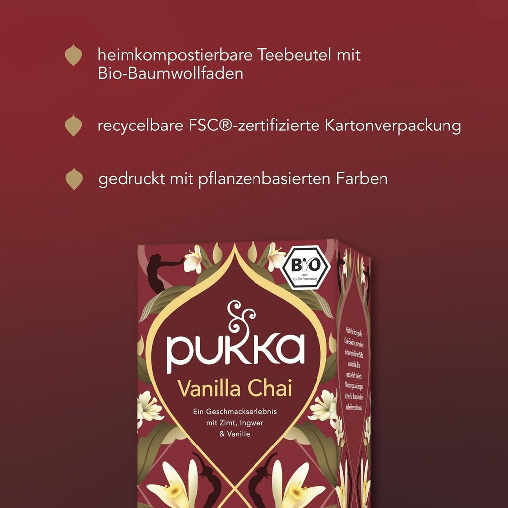 Pukka | Amestec de ceaiuri aromatizate bio „Vanilla Chai” | Scorțișoară, ghimbir și vanilie | Ceai pentru o răsfățare cu dulceață naturală | Pachet de 1 | 20 pliculețe de ceai