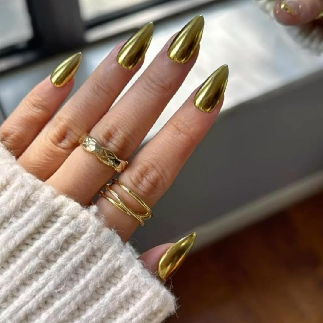 Ongles Chromés Autocollants - Colle Pailletée Brun Amande Moyen Sur Les Ongles Faux Ongles Pailletés Colle Sur Ongles Artificiels Ongles Acryliques Vernis Pour Femme 24 Pièces