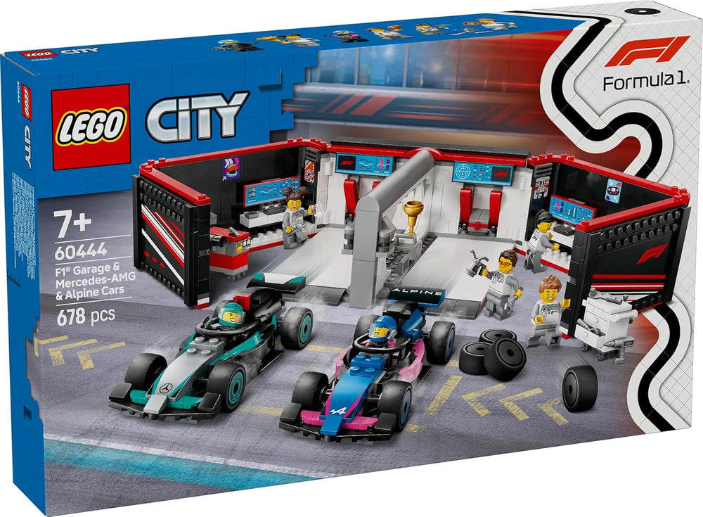 Garage LEGO City F1 avec voitures de course Mercedes-Amg et Alpine - Voiture de course de Formule 1 avec 2 pilotes et 4 figurines mécaniques - Cadeau pour garçons et filles à partir de 7 ans et fans 60444 Besuche den LEGO-Store Building Sets