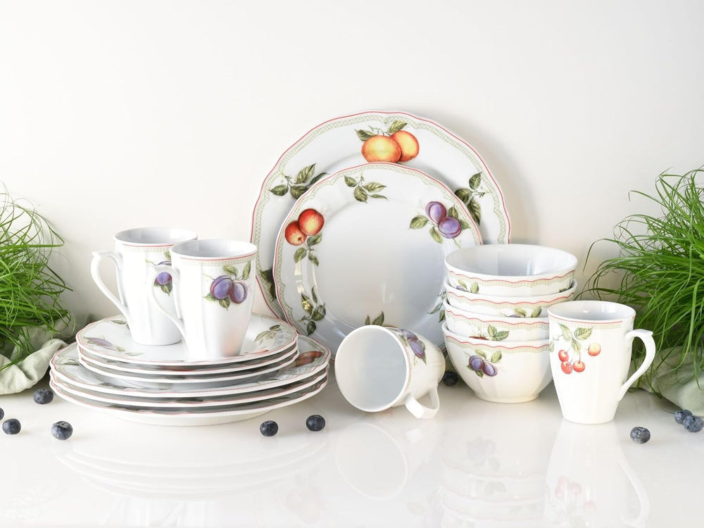 CreaTable, 16999, série Flora ORCHARD, service de table 16 pièces pour 4 personnes, service combiné en porcelaine, passe au lave-vaisselle et au micro-ondes, fabriqué en Europe