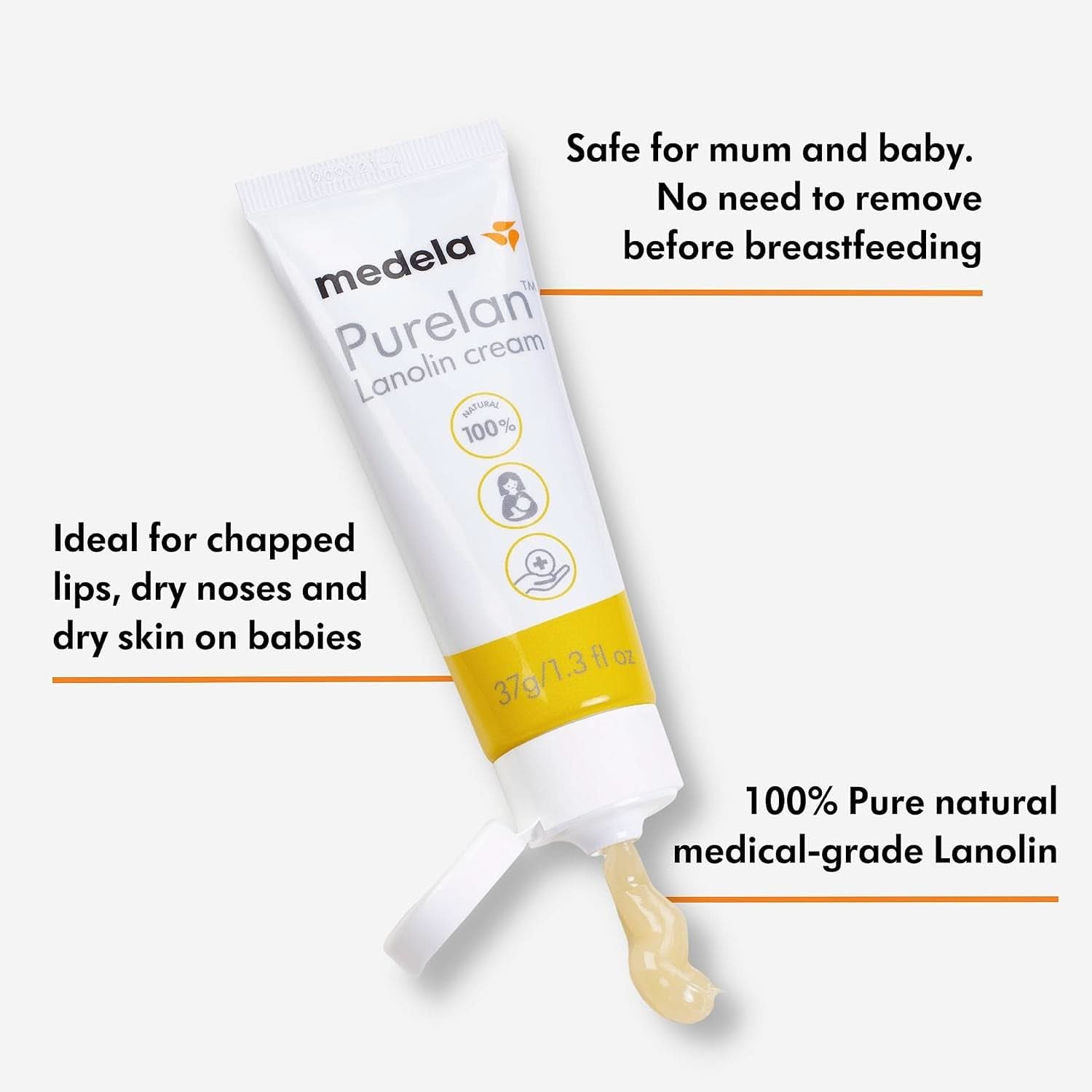Medela Purelan 37G Lanolin Nipple Cream - crème pour mamelons douloureux et peau sèche, 100% naturelle, hypoallergénique Accessoires Alimentation et Allaitement Bebe Naty Shop