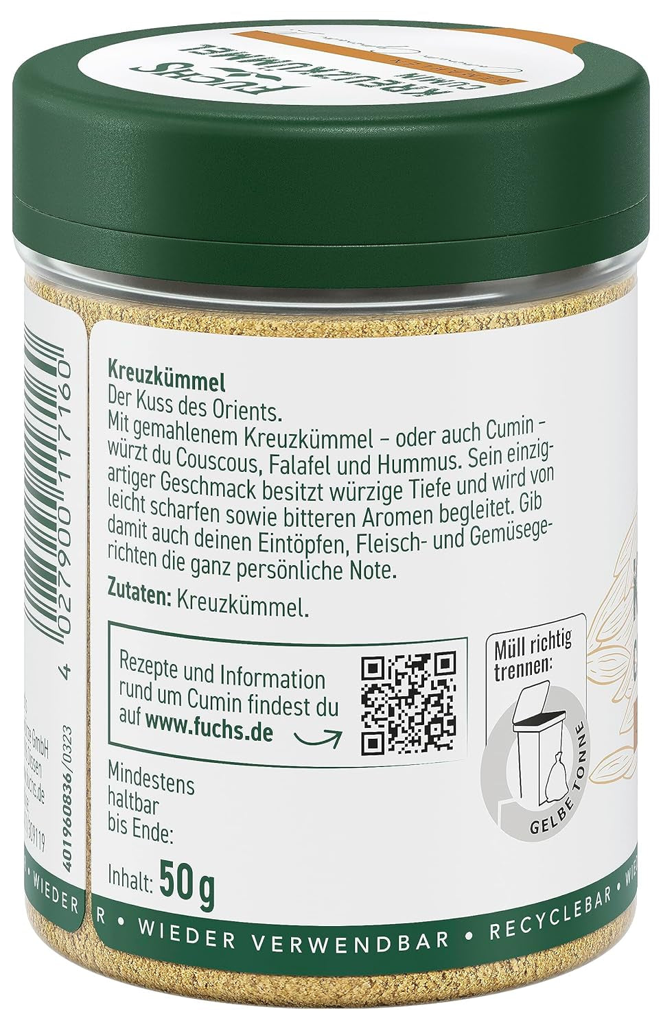 Fuchs Gewürze - Kreuzkümmel gemahlen - zum Würzen von Couscous, Hummus et Falafel - ingrédients naturels - 50 g en dose variable, recyclable