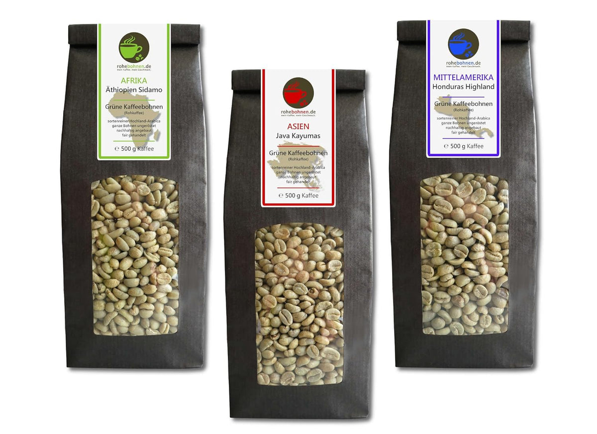 Café cru - Café vert biologique d'Ethiopie, Java, Honduras (emballage réduit en grains de café vert 3x500g) - Certifié GMP
