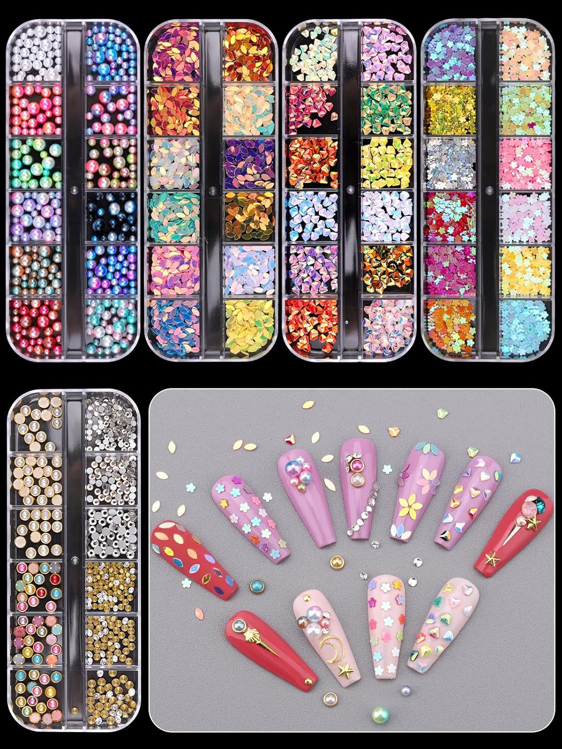 EBANKU Nail Art Strass Kit Multi Design Zubehör Mit 1 Pinzetten 1 Stück Wachsstifte Deko Diamanten Kristalle Perlen Edelsteine ​​​​Bunt Pferdeaugen Strass Metall Nieten Für Nagel DIY (1 Stück (10Er Pack))