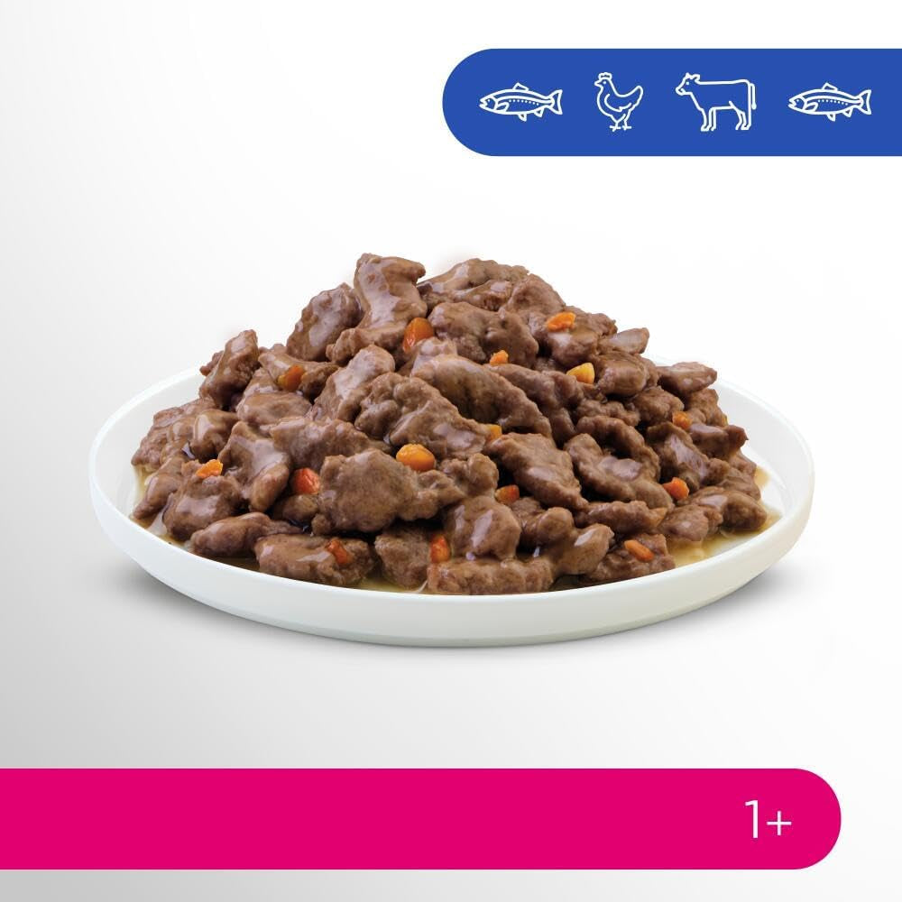 Sélection de nourriture humide Perfect Fit Adult 1+ au saumon, poissons d'eau profonde, bœuf et poulet, 48 sachets, 12x85g (paquet de 4) - Nourriture humide premium pour chat adulte à partir de 1 an