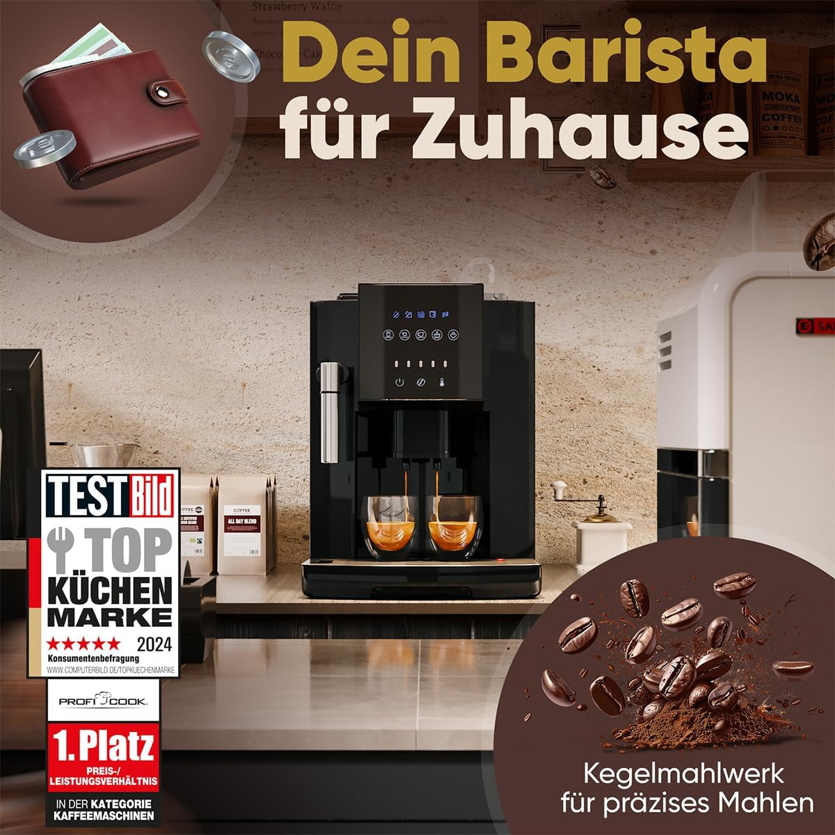 Machine à expresso ProfiCook® entièrement automatique avec mousseur à lait pour cappuccino | Broyeur conique | avec fonction chauffe-tasses | Pompe professionnelle italienne | Écran tactile | Expresso | PC KAV1281