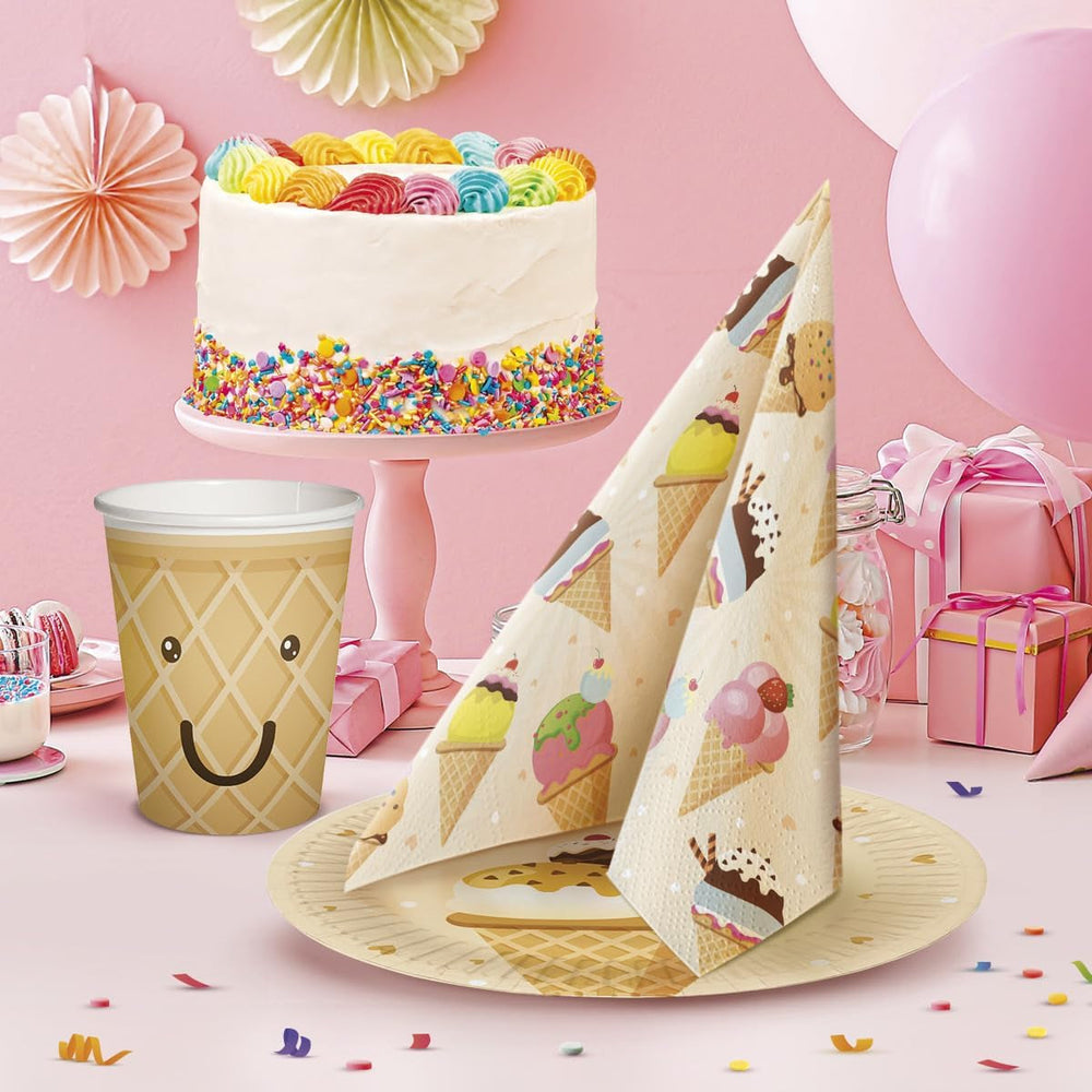 PAW - Serviettes 3 Plis (33 X 33 Cm) I 20 Pièces I Parfaites pour les Fêtes, Anniversaires, Vacances I Décorations de Table pour Fêtes d'Enfants - Serviettes en Papier à Motifs Colorés - Glace I Glace