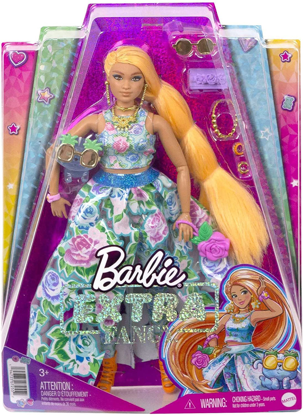 Barbie Extra Fancy, kurvige Langen erdbeerblonden Hair, zweiteiliges Outfit, Blaue Katze, rosa Handtasche, Ananas-Sonnenbrille, inkl Puppe, as Geschenk geeignet,HHN14