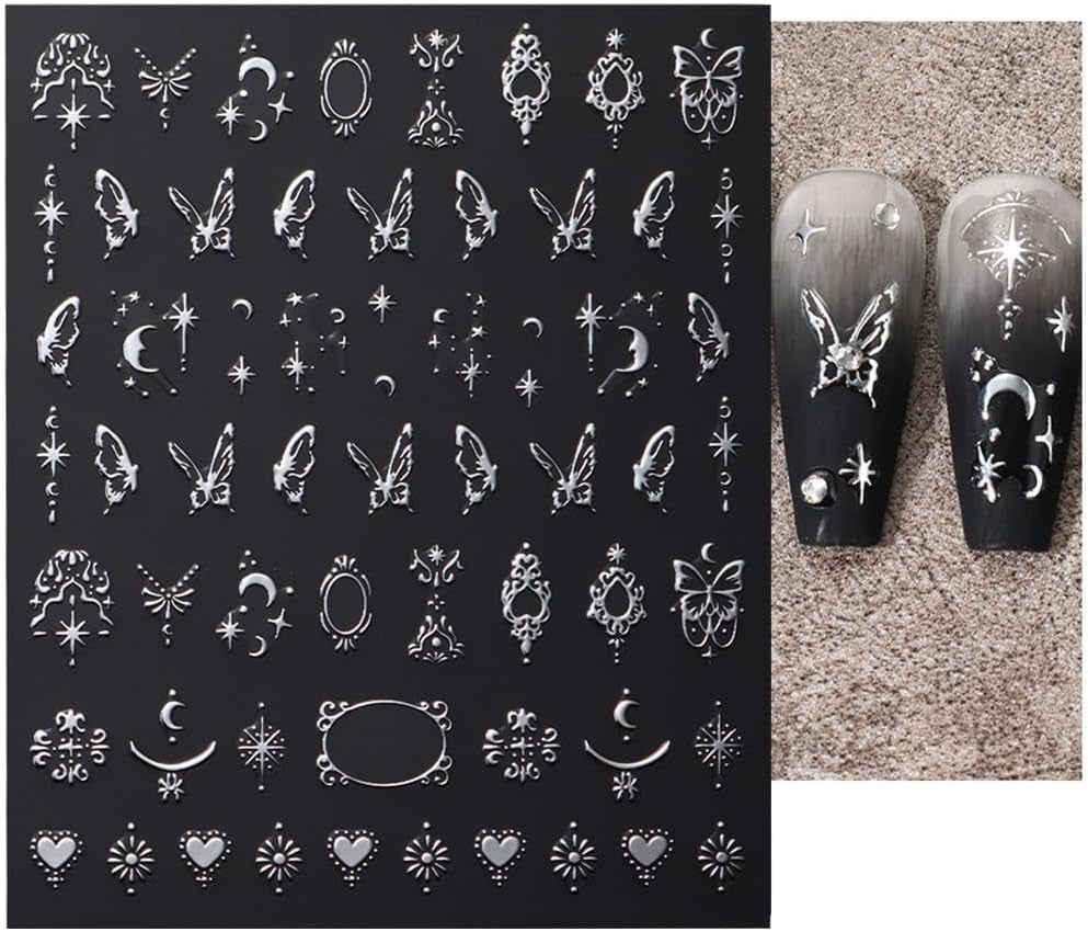Autocollants d'ongles métalliques argentés 3D, autocollants d'ongles pour femmes, étoile, lune, soleil, feuille d'ongles, autocollants auto-adhésifs, autocollants d'ongles papillon, autocollants d'ongles, accessoires de conception d'ongles, 8 pièces