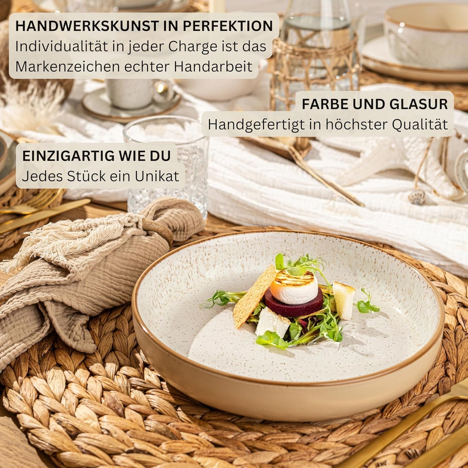 SÄNGER Rio Crème | Service de table en grès 18 pièces pour 6 personnes, comprenant 6 assiettes plates, 6 assiettes à dessert et 6 bols | LA COLLECTION VALEUR