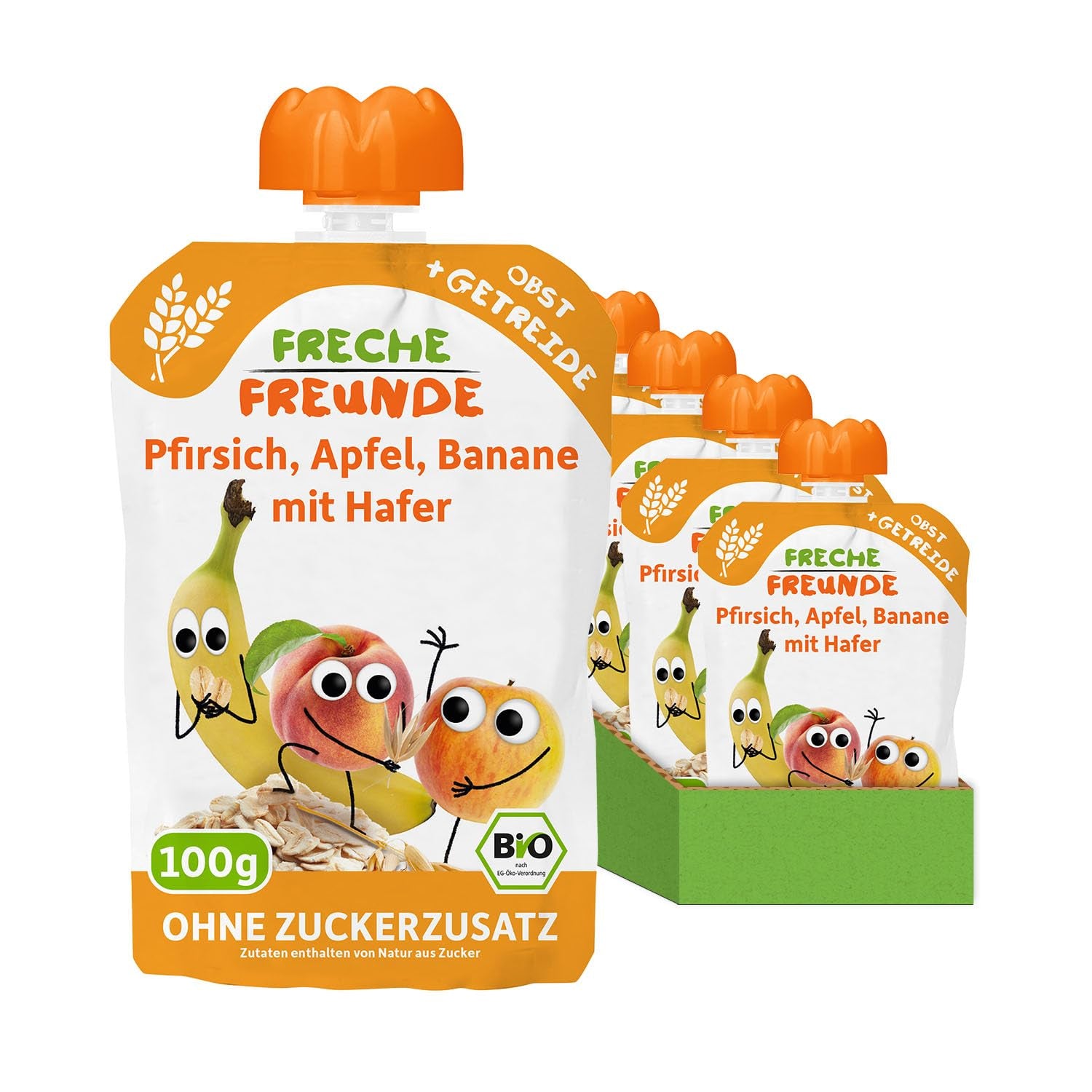 FRECHE FREUNDE Pêche Pomme Banane Avoine Purée de Fruits Bio avec Céréales dans un Sachet Pressable pour Bébés à partir de 6 Mois Vegan 6 Pack (6 x 100g)
