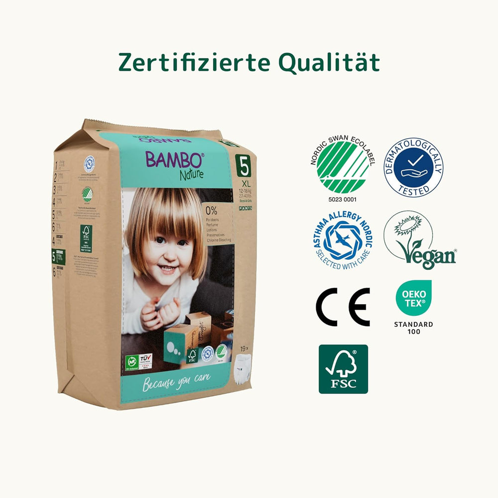Couches Bambo Nature, taille 5 (11-17kg) - Boîte mensuelle de 95 | Couches avec protection améliorée contre les fuites | Confort et liberté ultimes pour les enfants actifs | Couches testées dermatologiquement