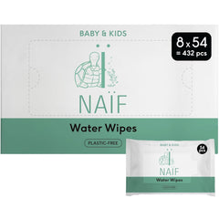 Naïf Lingettes Bébé Sans Plastique 432 Pièces (Pack de 8 x 54 Lingettes) - Soin des Fesses, du Corps et du Visage de Bébé - 99% d'eau - 0% Parfum & Alcool - Boîte de Lingettes Humides Durables, Eucalyptus Sensible