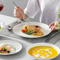 MALACASA Service de table pour 4 personnes en porcelaine tendre, service de table 16 pièces rond blanc avec bord doré, ensemble combiné de 4 assiettes plates, 4 assiettes à dessert, 4 assiettes Suma et 4 bols à céréales Série NORI